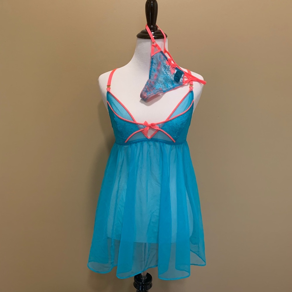 VS Neon Trim Blue Lace Babydoll & Panty SET